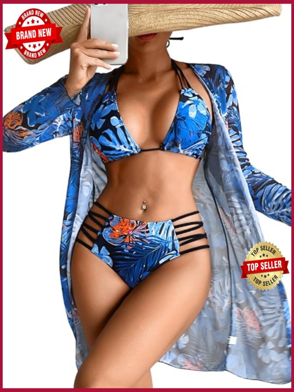 3 Piece Tropical Bikini Set with Mesh Coverup, Crisscross Cutout Swimwear